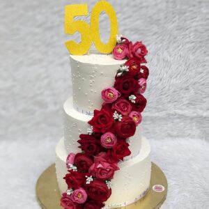 50th Anniversary Red Rose Three Tier Cake by Bakeology, Gwalior