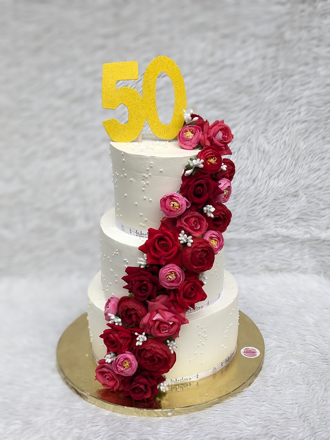 50th Anniversary Red Rose Three Tier Cake by Bakeology, Gwalior