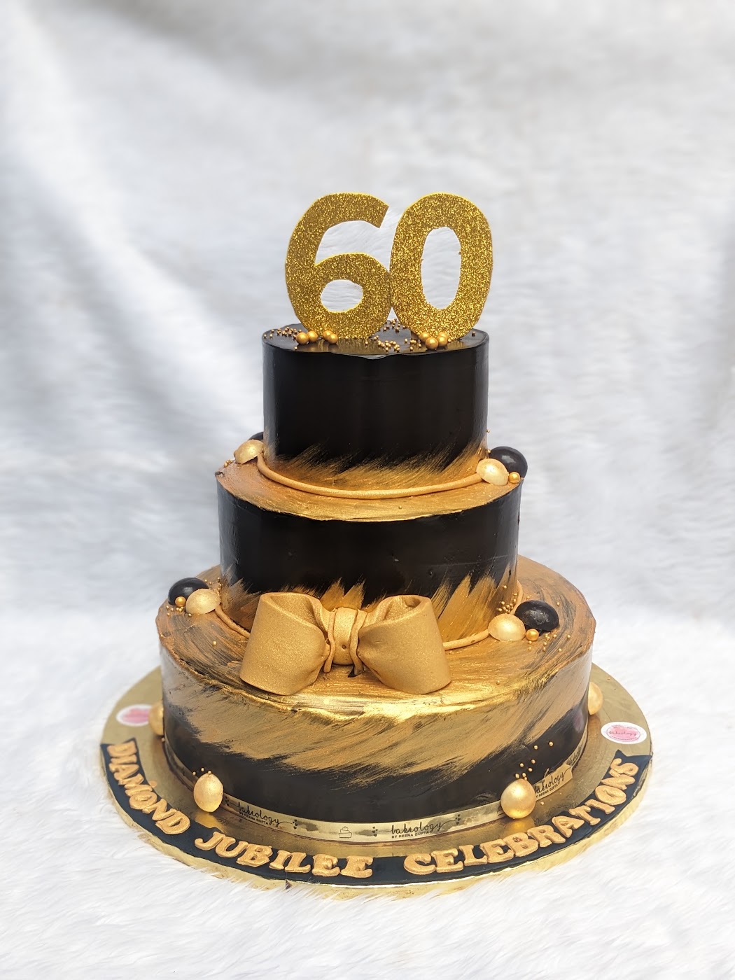 60th Black and Gold Three Tier Cake by Bakeology, Gwalior