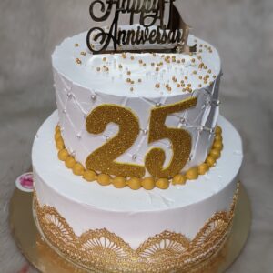 Gold 25 Two Tier Anniversary Cake by Bakeology, Gwalior
