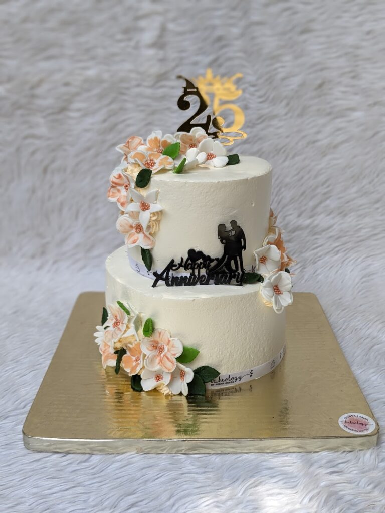 Peach Flower 25th Two Tier Cake by Bakeology, Gwalior