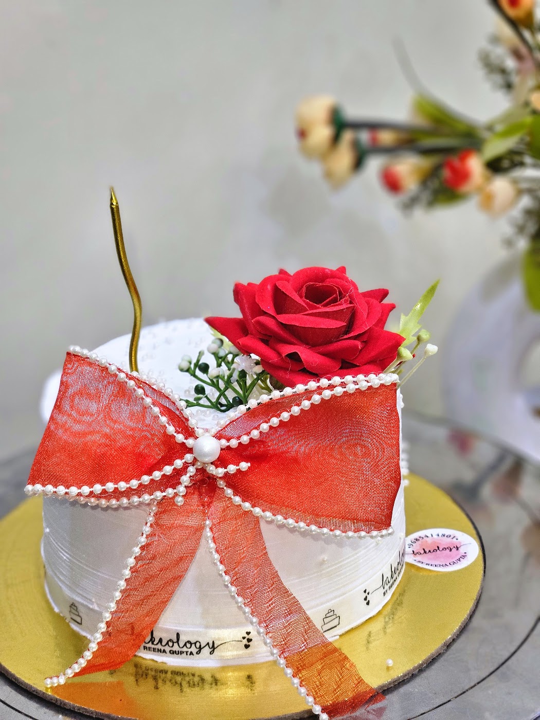 Red Ribbon Bow and Rose Cake by Bakeology, Gwalior