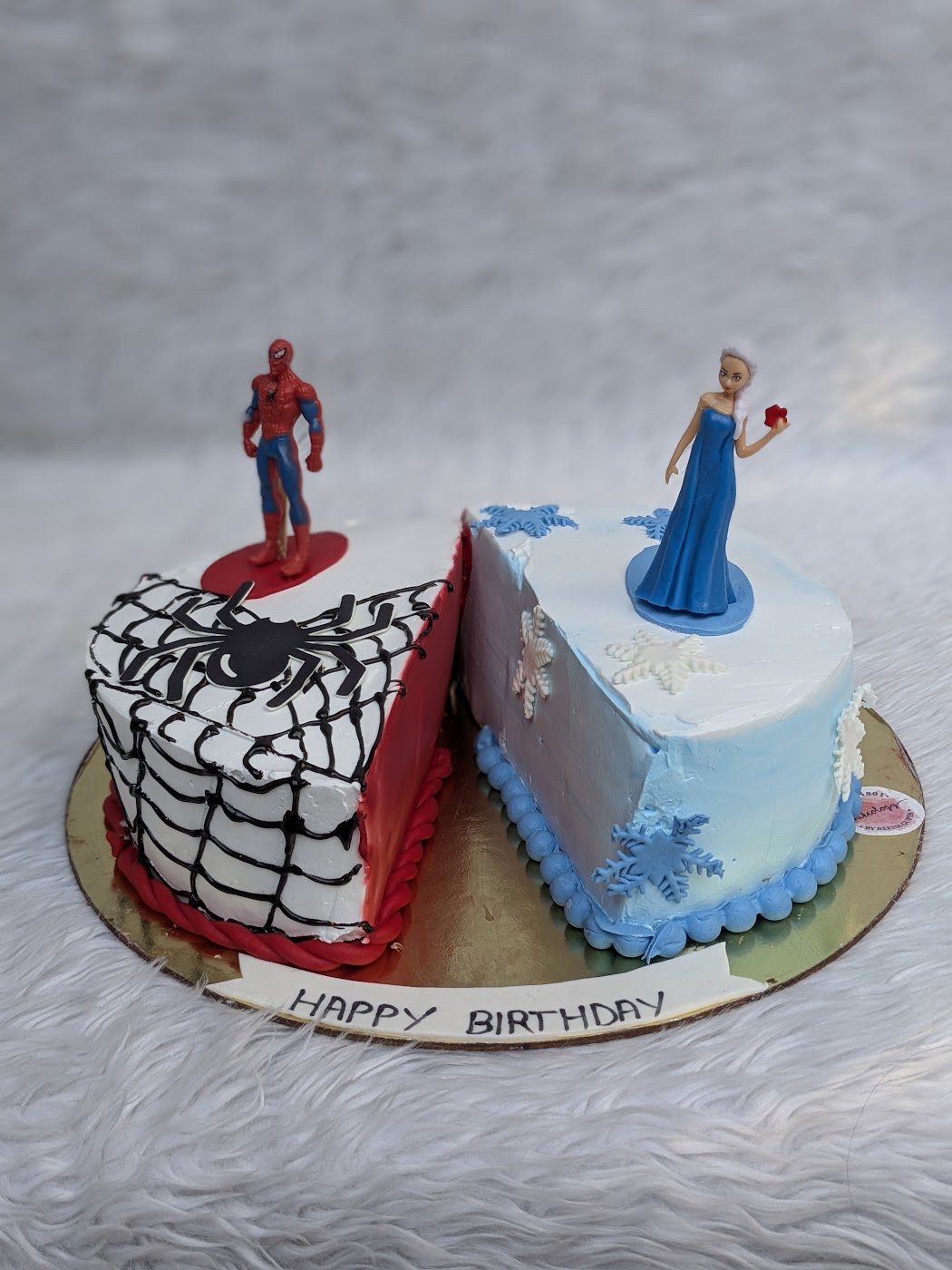 Spiderman and Frozen Half and Half Cake by Bakeology, Gwalior