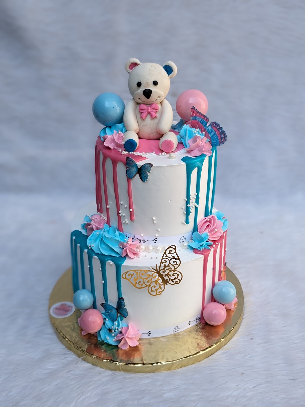 Teddy Drip Two Tier Gender Reveal Cake by Bakeology, Gwalior
